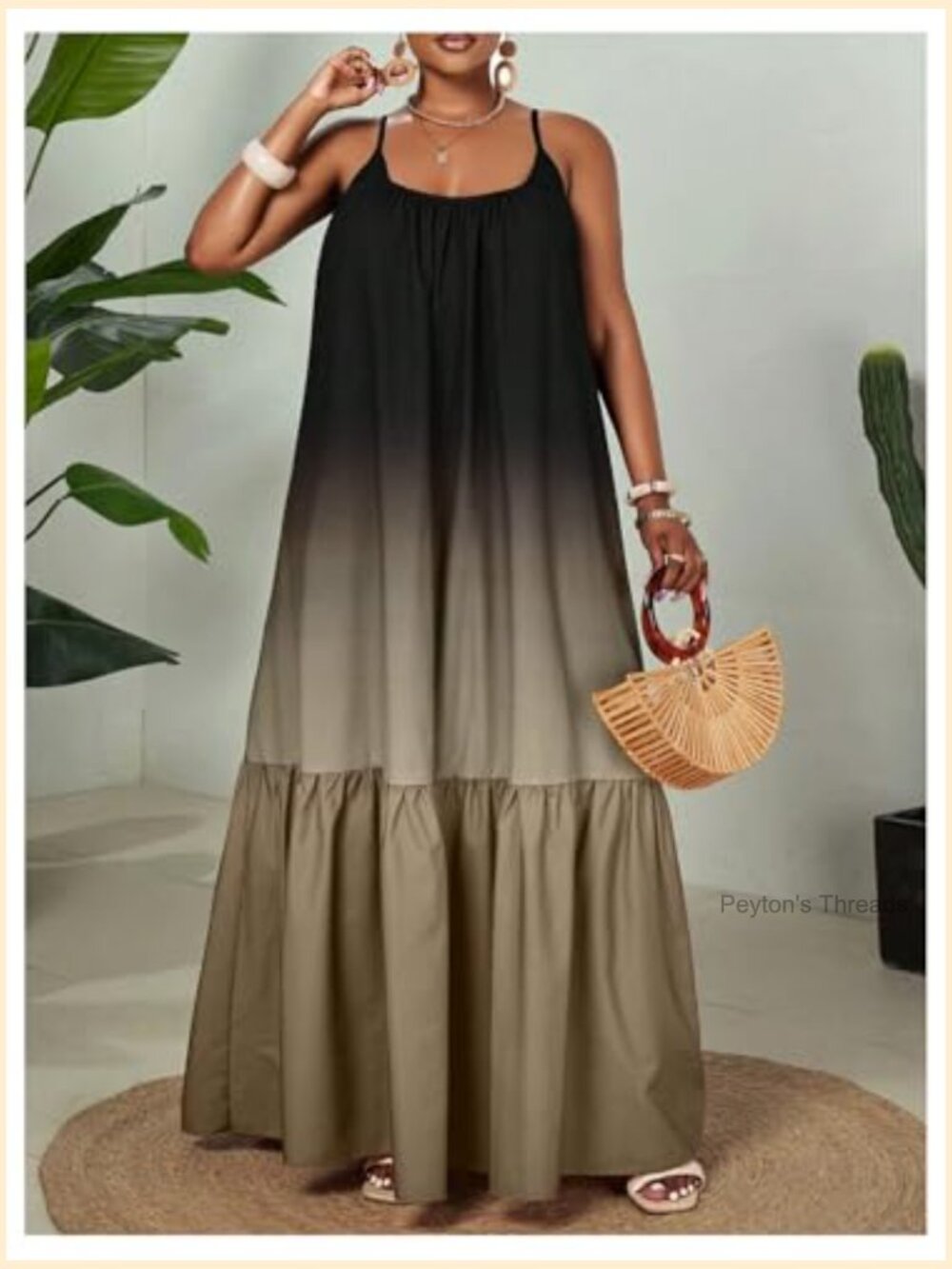 Ombre Layered Ruffle Maxi Dress Spaghetti Strap Summer Vacation Lounge Dress - Picture 5 of 5